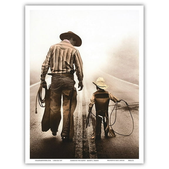 Learning the Ropes - Hawaiian Cowboy (Paniolo) Teaches His Son - Vintage Hand Colored Photograph by Randy Jay Braun - Master Art Print (Unframed) 9in x 12in