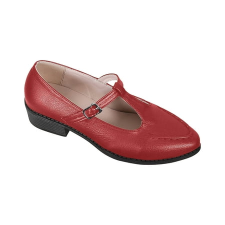 KIJBLAE Women s T-Strap Buckle Low Heel Shoes PU Leather Comfortable Slip On Flats Size 6-11 Red 35