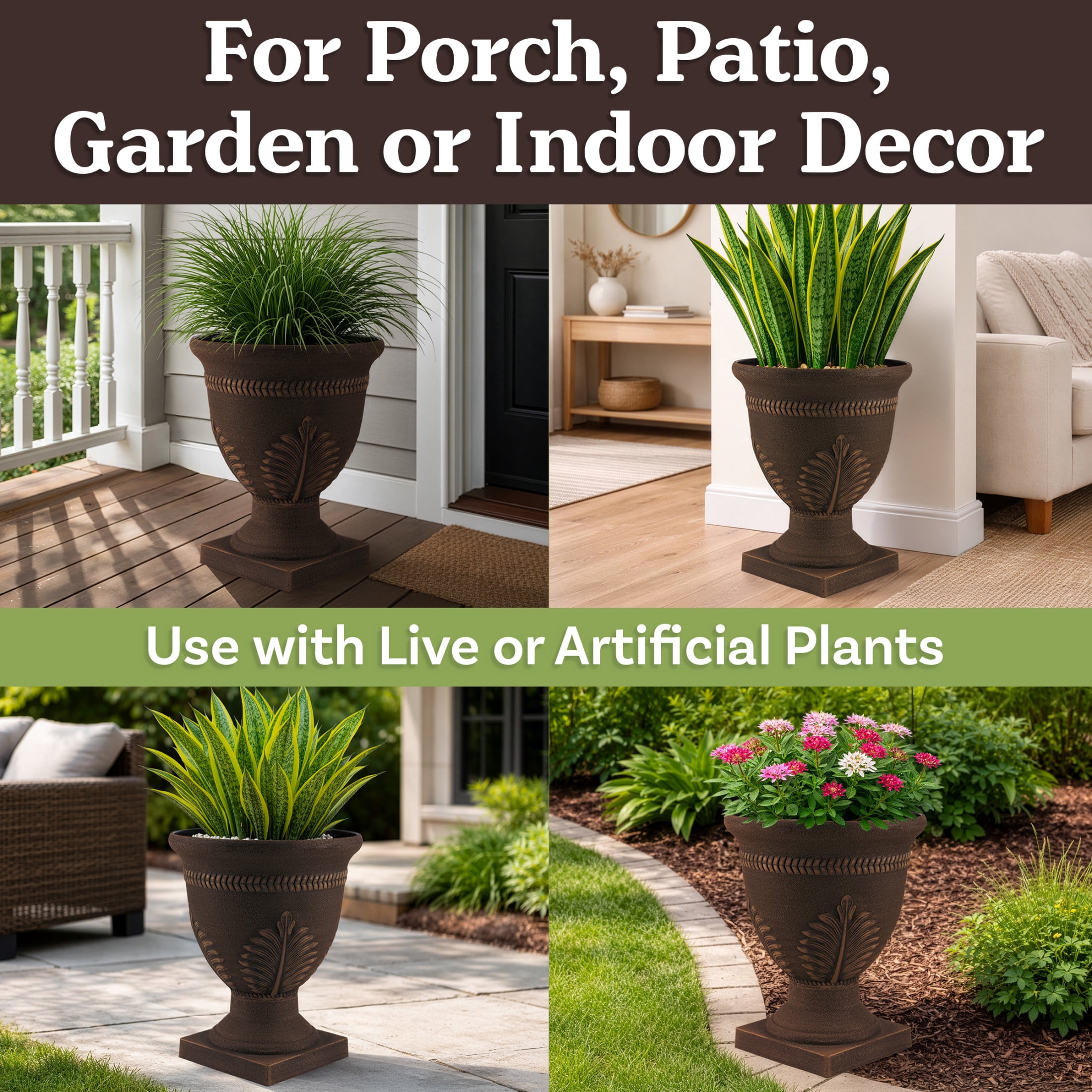 Pure Garden Outdoor Planter 2-Pack - 15.25x18.8in Large Plastic Urn Planters with Drainage, Bronze
