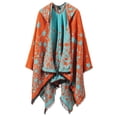 thumbnail image 2 of Women's Knitted Poncho with Hood Tassel Open Front Stars for Fall Winter (Orange), 2 of 7