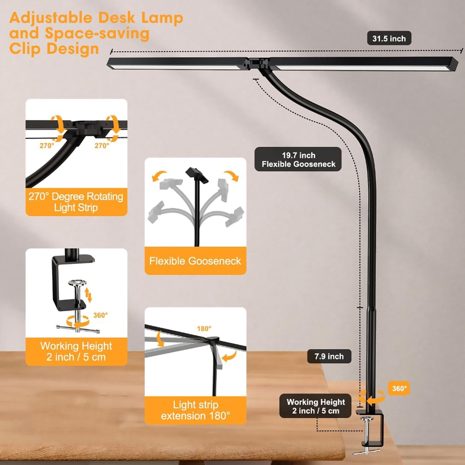 Senhu Led Desk Lamp for Office Home, Bright Double Head Desk Light with Clamp, Architect Task Lamp 30 Lighting Modes Adjustable Flexible Gooseneck