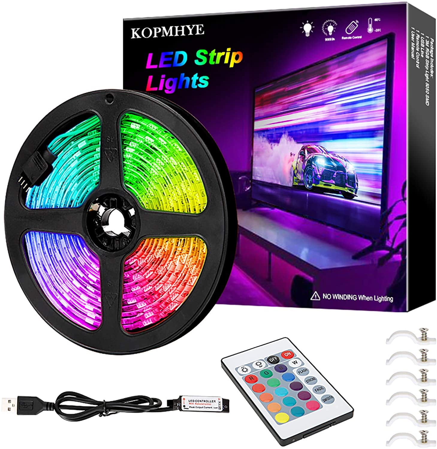 3M 10FT RGB LED Strip Lights, IP65 Waterproof Colored USB TV Backlight with  Remote, 16 Color Changing 180 5050 LEDs Bias Lighting for HDTV, Multicolor  for TV PC Background Lighting, No Adapter 