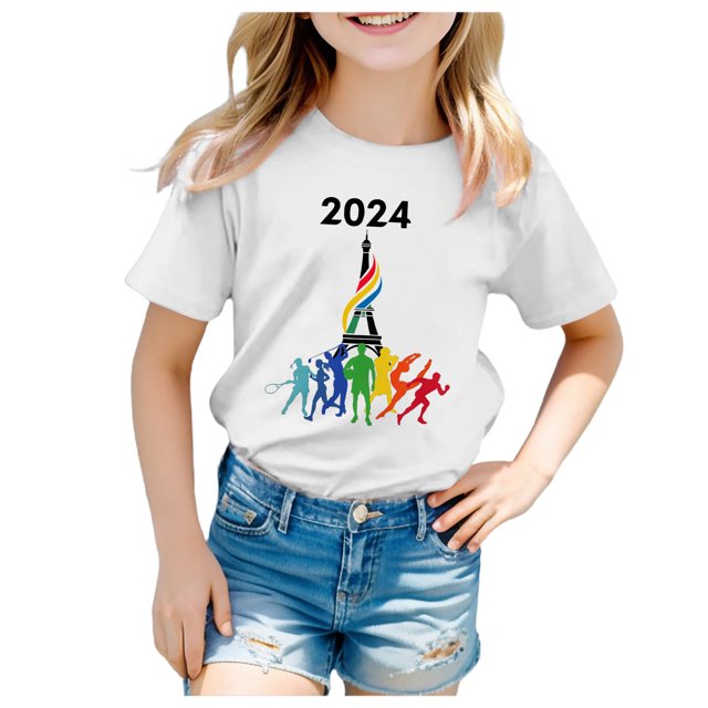 Toimothcn T-Shirts à Manches Courtes pour Bébé Fille Col Rond Décontracté Sport Imprimé Basique Doux Coupe Ample 4-5 Ans