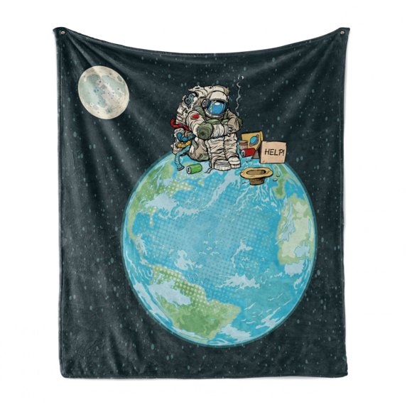 Astronaut Soft Flannel Fleece Throw Blanket, Man in a Costume Sitting on top of the World Asking for Help, Cozy Plush for Indoor and Outdoor Use, 50" x 60", Multicolor, by Ambesonne