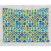 Yellow and Blue Tapestry, Grid Style Circular Shapes on Off White Background Retro Revival Motifs, Wall Hanging for Bedroom Living Room Dorm Decor, 80W X 60L Inches, Multicolor, by Ambesonne