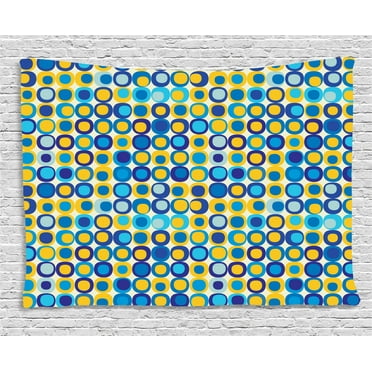 Yellow and Blue Tapestry, Grid Style Circular Shapes on Off White Background Retro Revival Motifs, Wall Hanging for Bedroom Living Room Dorm Decor, 80W X 60L Inches, Multicolor, by Ambesonne