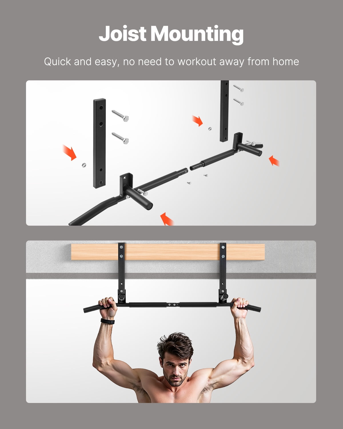 VEVOR Joist Mount Pull Up Bar, Ceiling Mounted Chin Up Bar for Home Gym, Multi-Grip Pull Ups, 42 in Width Multifunctional Training Station, Heavy Duty Steel Upper Body Workout Bars, 440 lbs Capacity
