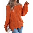 thumbnail image 2 of Women'S Solid Color Openwork Long-Sleeved Sweater, Off-Shoulder Knit Pullover Orange M, 2 of 9
