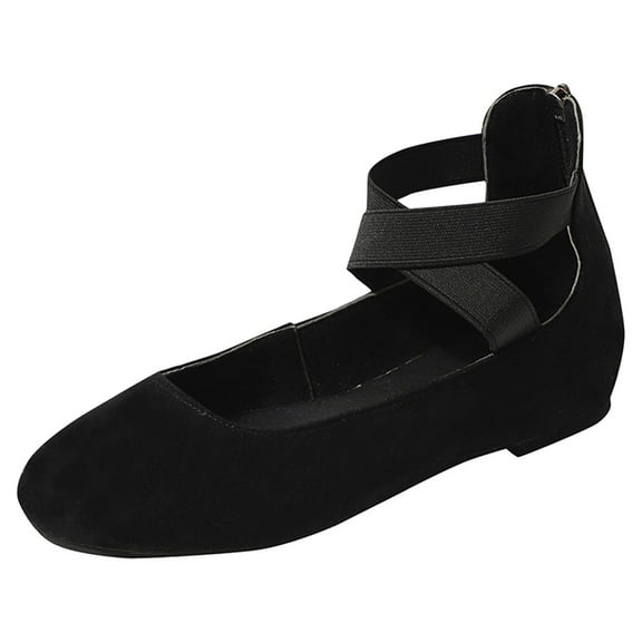Women's Comfortable Ballet Flats Shoes with Elastic Ankle Straps Faux Suede Slip On Low Top Dress Shoes Black Size 7