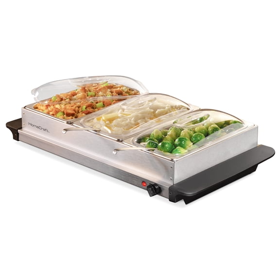 HomeCraft 2.5 qt Buffet Server Food Warmer, 3 Station Warming Tray with Stainless Steel Base
