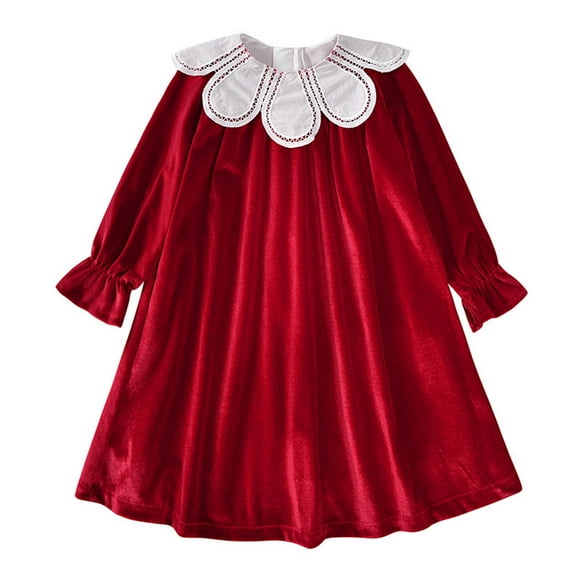 Floleo Robe en Velours pour Filles, Mignonne avec Col Pétale Doux, Robe de Princesse à Manches Longues, Couleur Unie, Robe Décontractée en Ligne pour Fête d'Enfants, Tenue de Vacances (Rouge, 7 Ans)