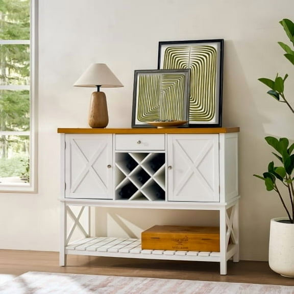 Bar Cabinet Console Table Farmhouse Buffet Sideboard with Wine Rack Drawer Storage Shelf MDF White Light Oak for Kitchen Dining Living Room Entryway