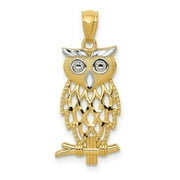 Finest Gold 14K Yellow & Rhodium Yellow Gold Rhodium Diamond-Cut Owl Pendant