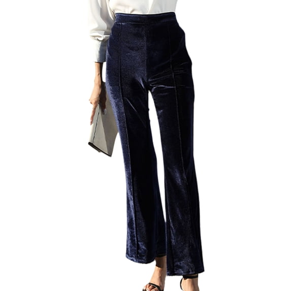 Frontwalk Women Bottoms Velvet Pants Wide Leg Palazzo Pant Daily Wear Casual Trousers High Waist Navy Blue M