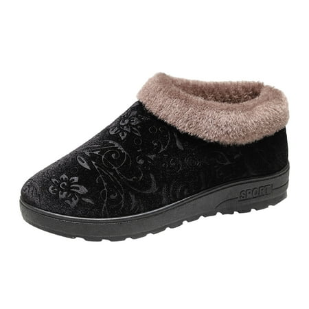 

Fashion Winter Women Snow Boots Flat Bottom Non-Slip Suede Flower Printed Solid Color Plush Slip On For Warm Comfort