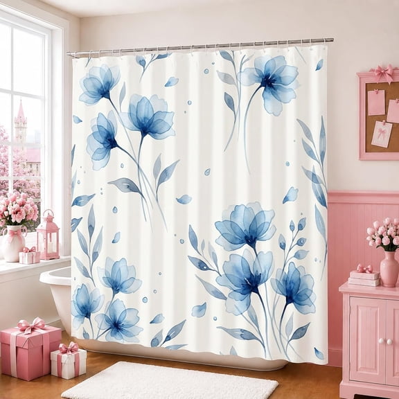 Flower Shower Curtain, Modern Leaf Petal Floral Bath Curtain, Blue Bathroom Decor, Waterproof Polyester Fabric with Hooks 36"W x 72"H