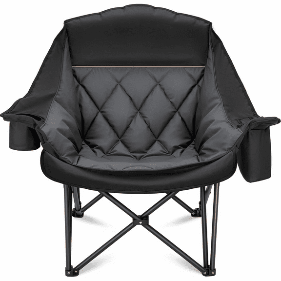 Oversized XL Camping Chair for Adults - 400lbs Support Heavy-Duty Padded Folding Chair with Side Pocket Cup Holder Cooling Bag for Outdoor Sports Garden Beach Fishing Lawn Black