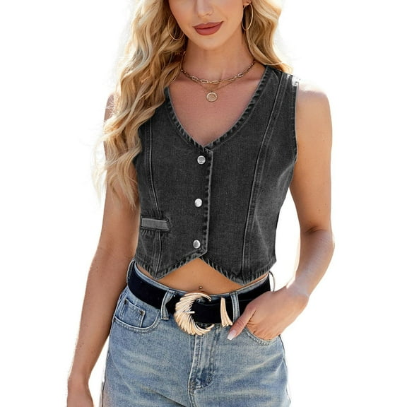 SWSMCLT Women's Denim Tank Top Sleeveless Western Crop Thin Date Night Fitted Top Vest Summer Button Fashion Black Large