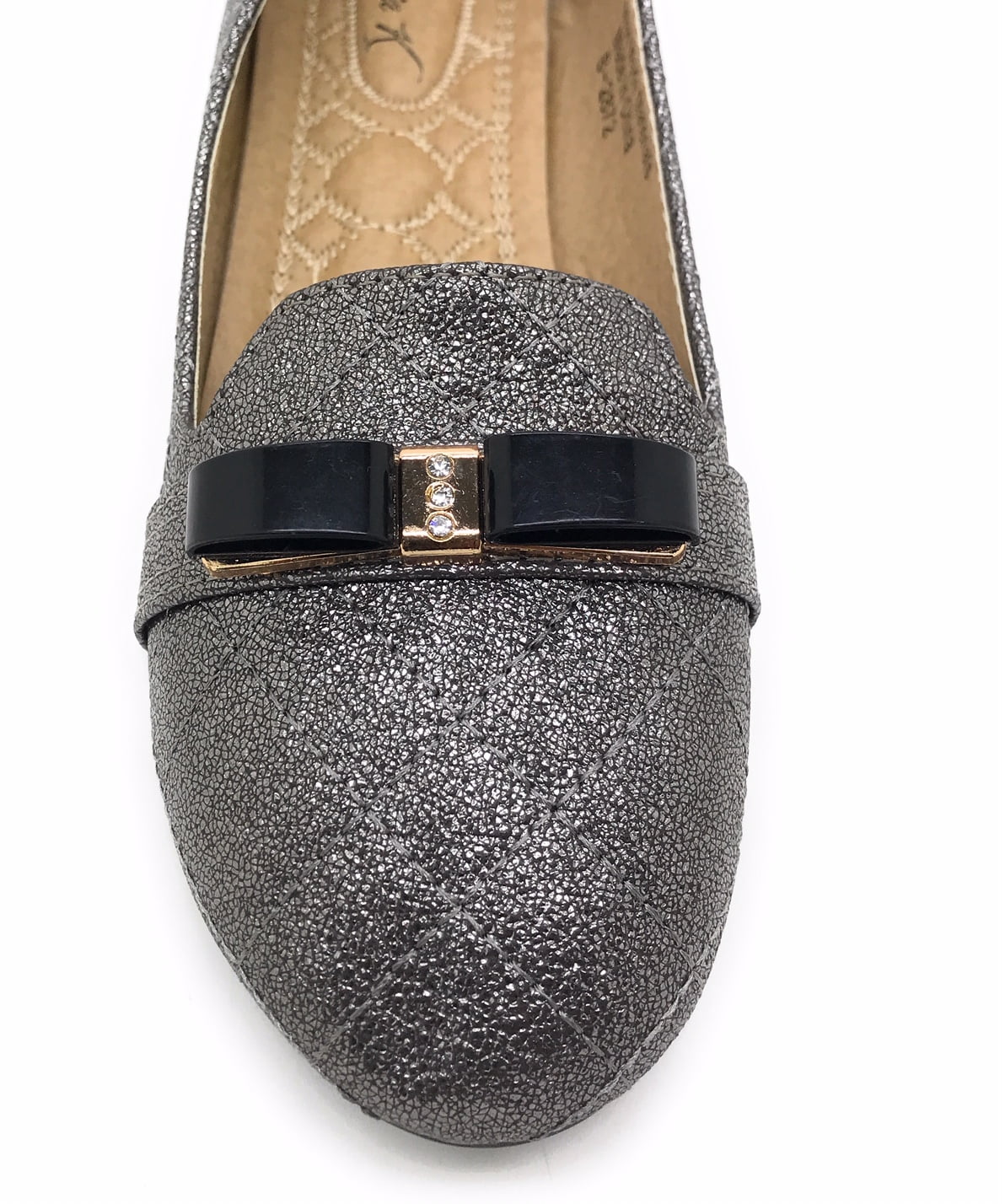 Victoria K Techno Shine Quilted Texture Black Bow Ballerina Flats (Women)