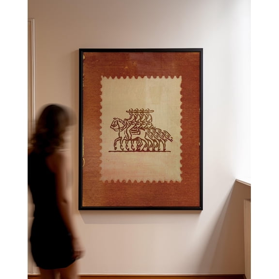 Rustic Mexico Stamp Art: Cowboys on Horseback Wall Print, Earthy Tones Traditional, Vintage Inspired Western Poster Print Unframed Poster