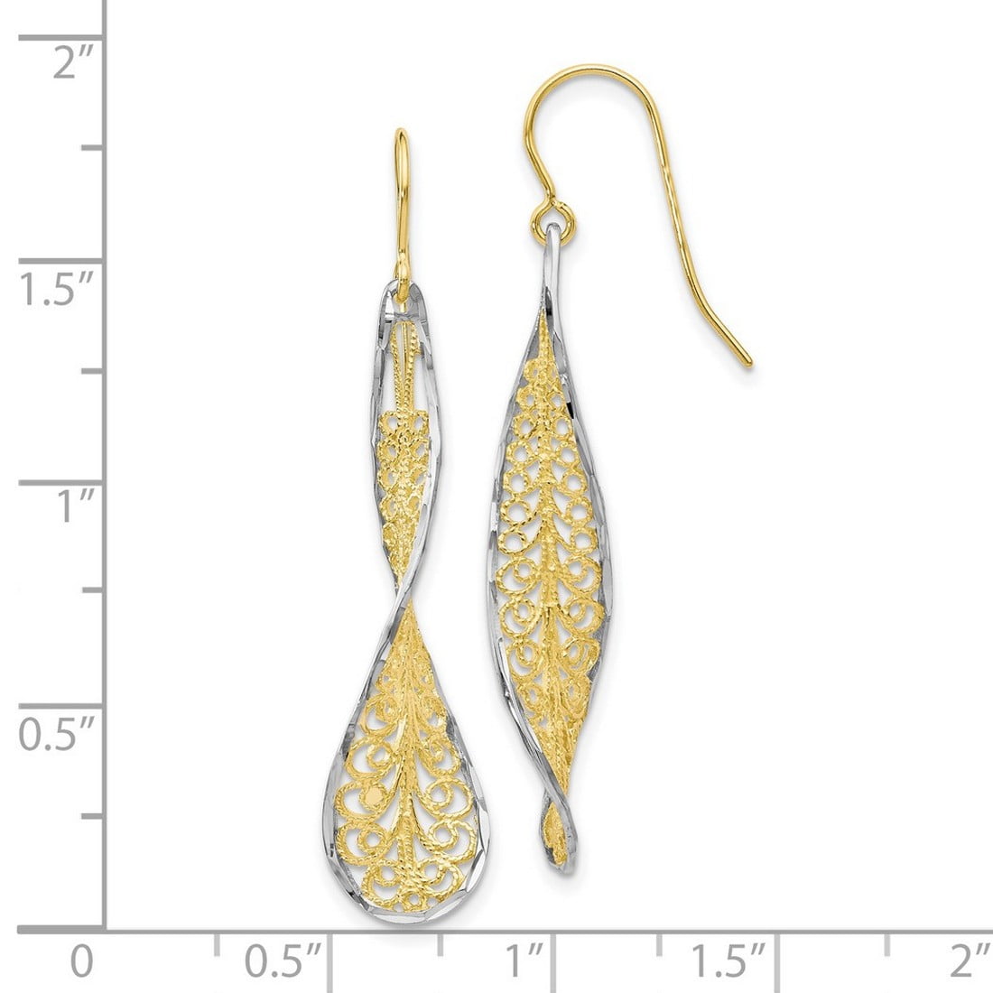 10k Yellow Gold With Rhodium Sparkle Cut Dangle Shepherd Hook Earrings Measures 43x9mm Wide - Dangle Earring for Women
