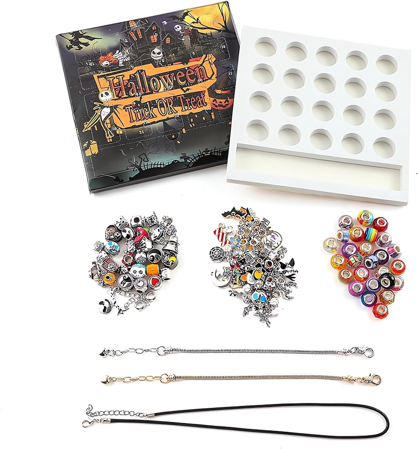 Guvpev 2Set Halloween Trick or Treat Charm Bracelet Advent Calendar 2025, DIY Jewelry Ornament Making Kit, with 20Pcs Charm Beads, 2 Bracelets & 2 Necklace, Haloween Countdown Calendar, Unique Gifts