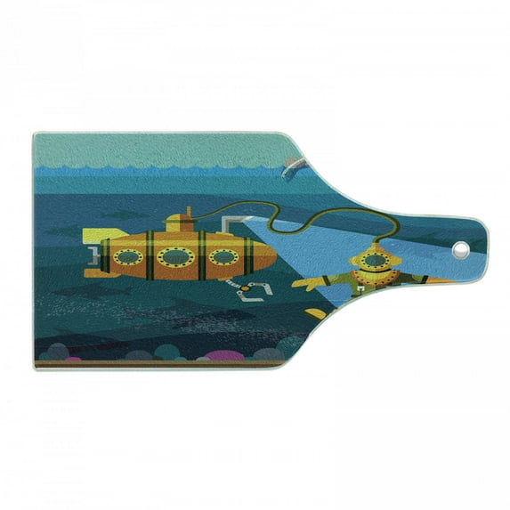 Yellow Submarine Cutting Board, Submarinend Diver Jumping Dolphins Illustration Print, Decorative Tempered Glass Cutting and Serving Board, Wine Bottle Shape, Petrol Blue and Ginger, by Ambesonne