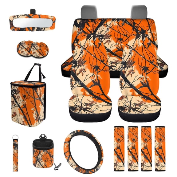 KUIFORTI Orange Camouflage Car Seat Cover Set Elastic Fabrics Set 15 Pcs Automotive Front Seat & Bench Back Seat Cover All-Season Protection Easy to Install Fit Car SUV Auto