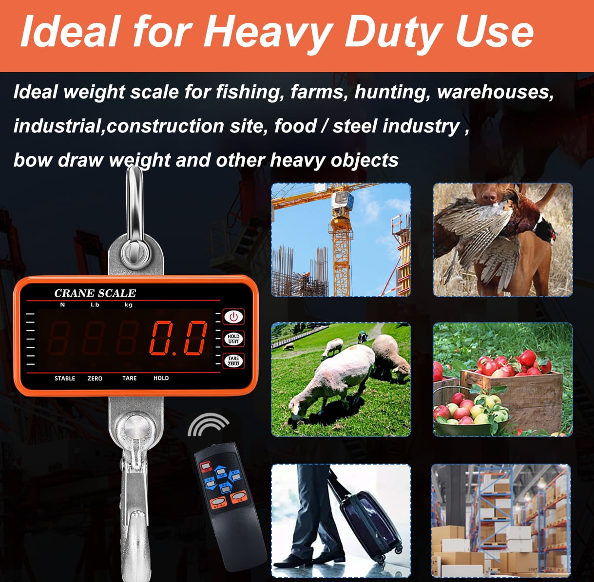 iMeshbean Portable Digital Crane Scale,High Precision 1000KG 2000LBS 1T Heavy Duty Industrial Digital Smart Hanging Scales Weighing Hook LED Display with Remote for Fishing Cattle Bow Caps Luggage