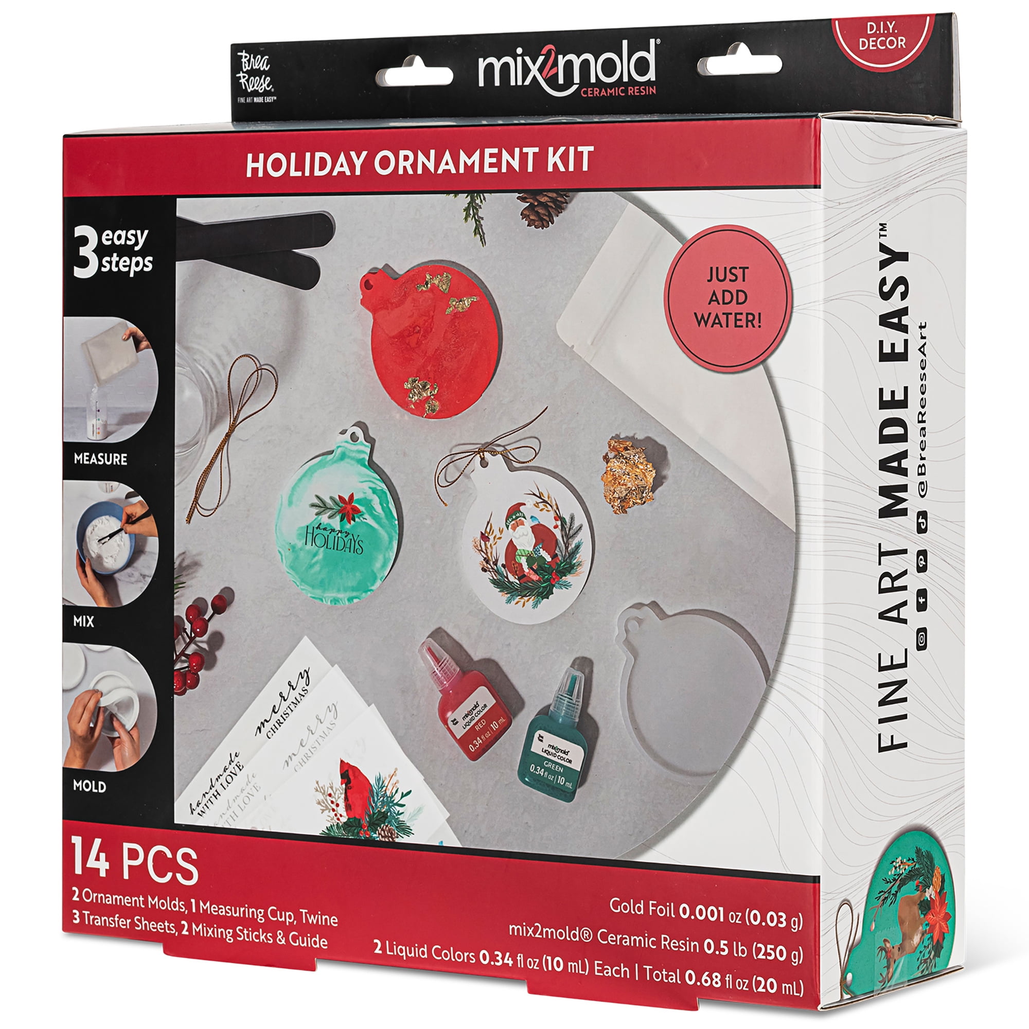 Brea Reese: Mix2Mold Ceramic Resin Holiday Ornament Kit - DIY 6 Resin Ornaments, All-In-1 Mold Craft Kit, Holiday-Themed, Festive Adult Art Activity
