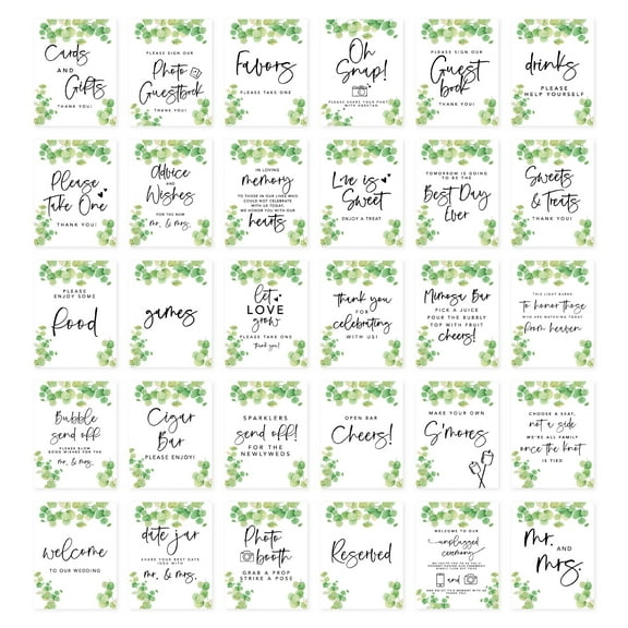 Koyal Wholesale Watercolor Eucalyptus Leaves Wedding Signs Bundle 30-Set for Ceremony, Reception Decor Signage
