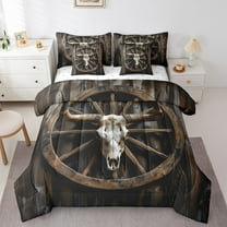Erosebridal Bull Skull Bed in a Bag King Size,Vintage Lodge Cabin Bed Set,Brown Wooden Wheel Bedding King Size,Microfiber Bedroom Decor,7 Pieces