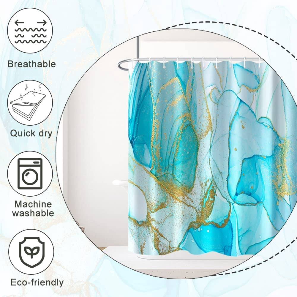 Marble Shower Curtain, Abstract Modern Teal and Gold Marble Shower Curtain Set for Bathroom Ink Texture Waterproof Polyester Fabric Bathroom Decor with Hooks, 72x84 Inch