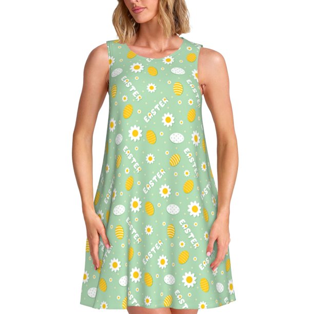 Fotbe Easter with eggs and flowers Vestido de Verano sin Mangas para Mujer – Vestido Midi Línea A, Estilo Camiseta Floral, Vestido Playero Casual y Fluido
