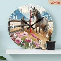 2D Flat 1pc 10Inch Wooden Charming Watercolor Horse Flowers Wooden Wall Clock - Battery Operated, Perfect for Living Room, Kitchen, Bedroom, Office, or Farmhouse Decor