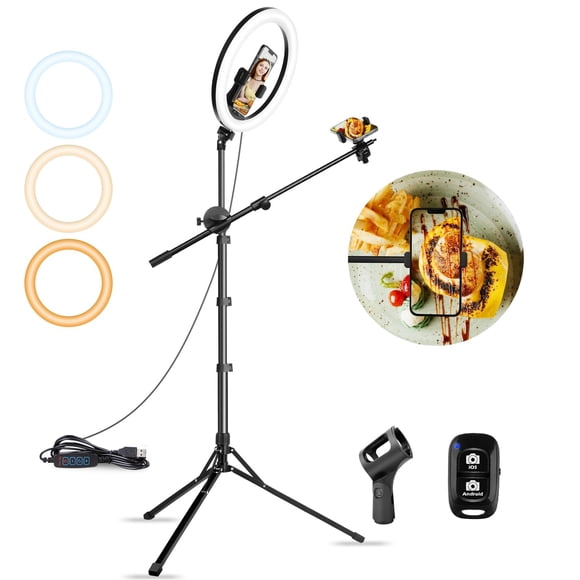 Aureday 12″ Selfie Ring Light with Stand & Extendable Arm-Overhead Ringlight Tripod for iPhone with Mic Mount & 2 Phone Holders, Circle Lighting for T