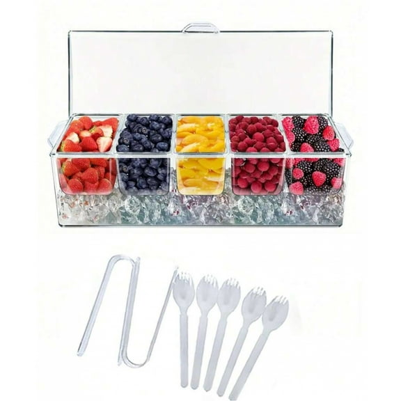 JQDWMDLX 1pc Bar Serving Tray On Ice with 5 Compartments Container, Fruit Trays for Serving, Garnish Platters with Lid, Clear