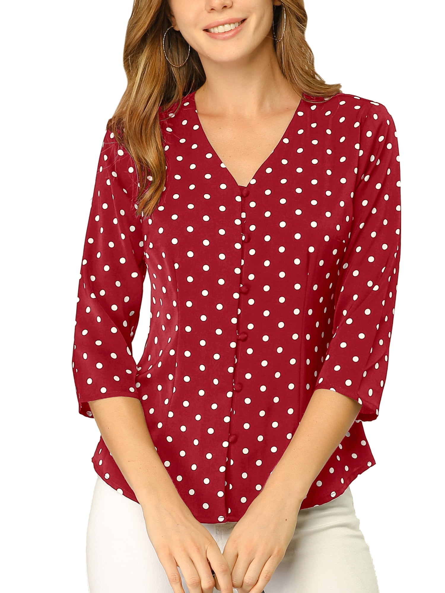 DARING DIVA Women's V Neck Polka Dots 3/4 Sleeve Casual Button Blouse S Red