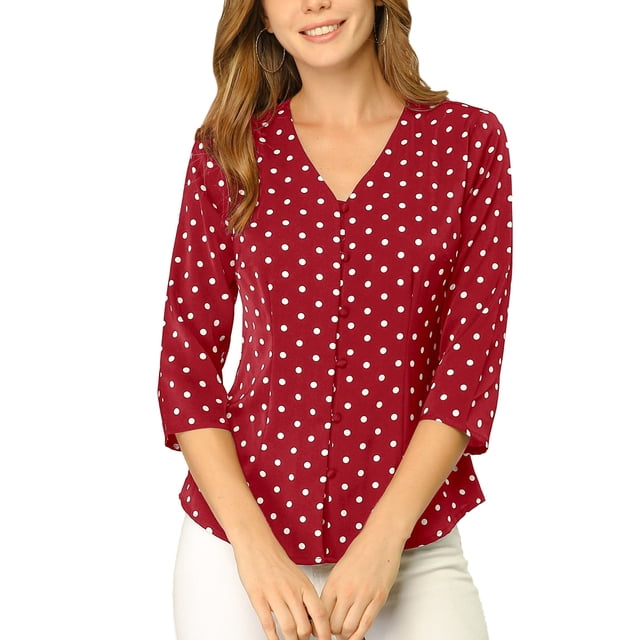 INSPIRE CHIC Blouse pour Femme Col en V Manches 3/4 Pois Imprimé Cœur Haut à Boutons devant Rouge TP