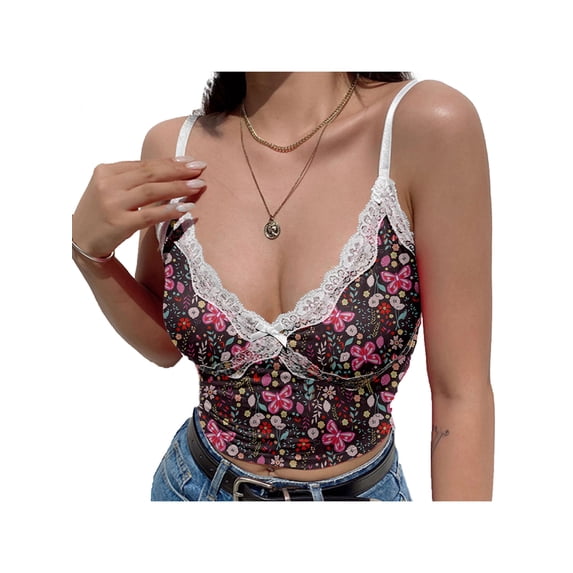 Yuemengxuan Women Lace Patchwork Camisole Sleeveless Deep V Neck Floral Butterfly Cami Tops