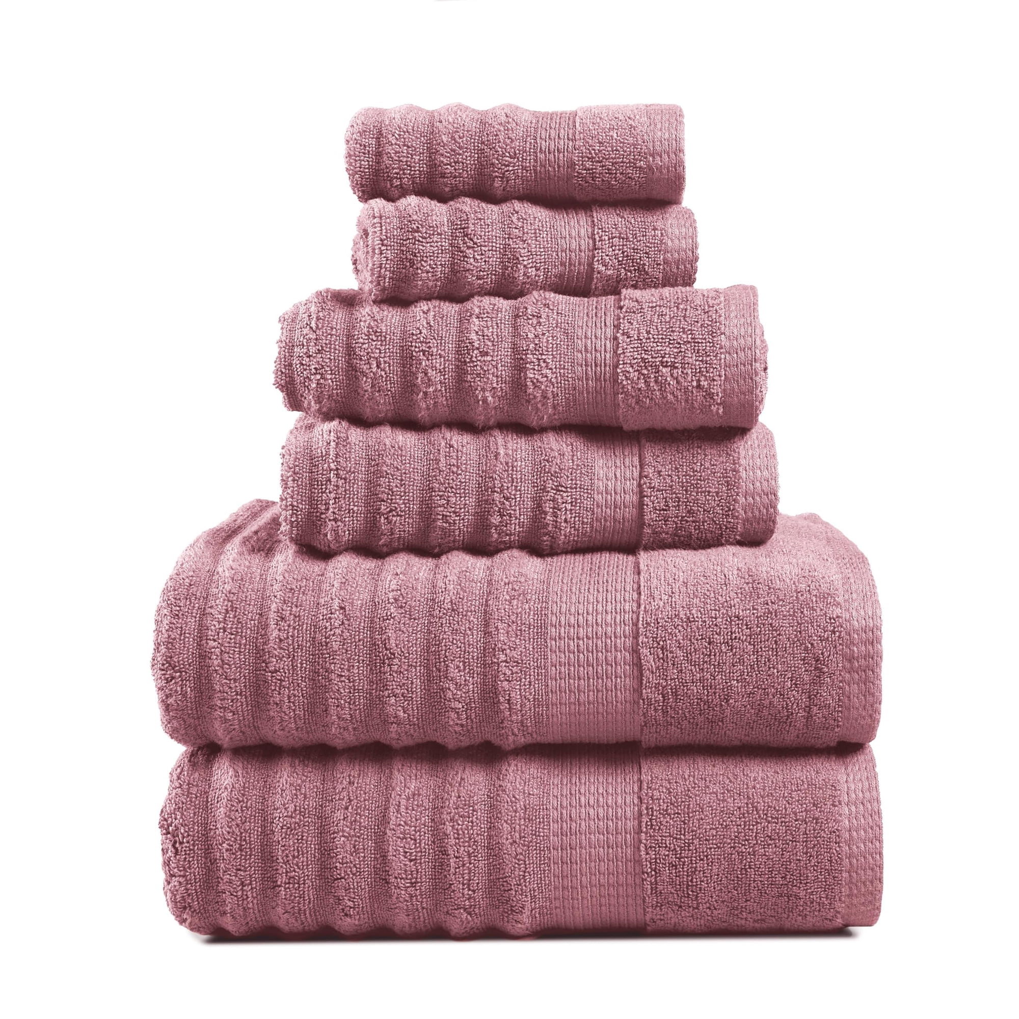 LANE LINEN 6 Pc Ribbed Bathroom Towels - 100% Cotton Zero-Twist Quick-Dry & Ideal for Guest Baths - Wishful Mauve