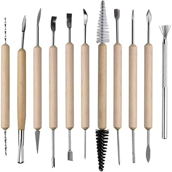 11 Pcs Pottery & Clay Sculpting Tools, Double-Sided, Ceramics Tools Smooth Wooden Handles for Trimming, Embossing Pattern.