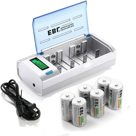 EBL 6-Pack 5000mAh Size C Cell Rechargeable Batteries   LCD Battery Charger for AA AAA 9V C D Ni-CD Ni-MH Battery