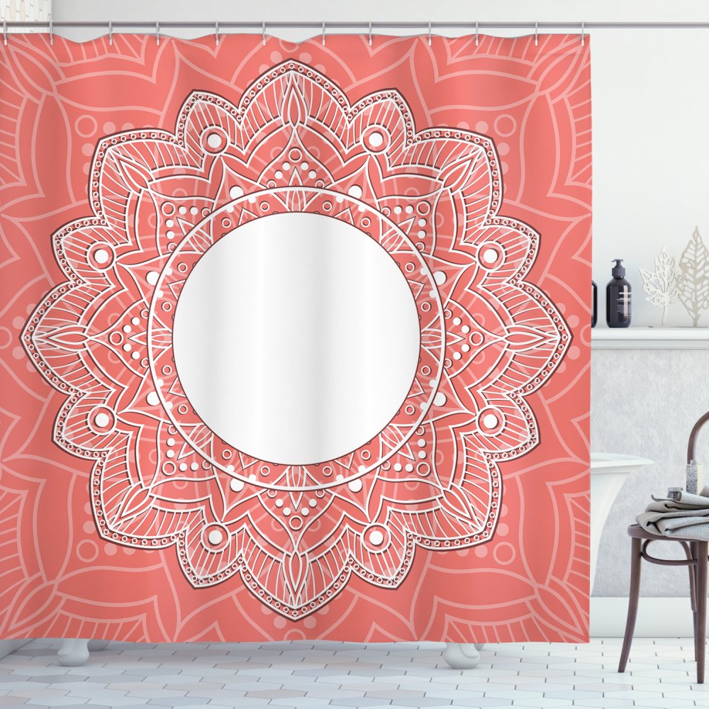 Peach Shower Curtain, Lace Design with Lines and Circles Bridal
