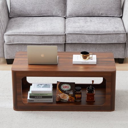PHOYAL Rectangle Coffee Table, Solid Wood 41 Inch Modern Coffee Table with Shelf, Contemporary Center Table with Storage Space, Tea Table with Storage, Walnut