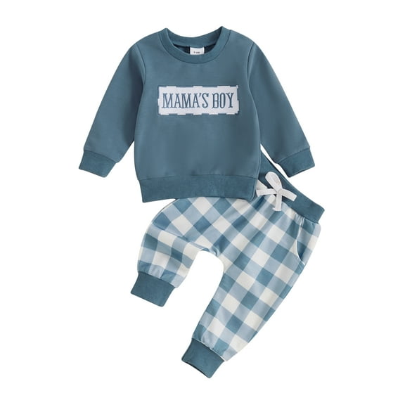 Baby Toddler Boy Fall Outfits 0 6 12 18 24 Months 2T 3T Long Sleeve Crew Neck Embroidery Sweatshirt Plaid Pants Set Spring Clothes