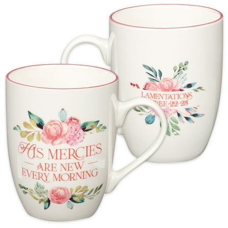 Christian Art Gifts Inspirational Ceramic Coffee & Tea Mug for Women: Mercies are New Every Morning Encouraging Bible Verse, Microwave & Dishwasher Safe Novelty Drinkware, White & Pink Floral 12 oz.