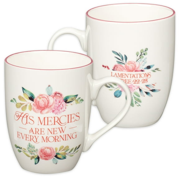 Christian Art Gifts Inspirational Ceramic Coffee & Tea Mug for Women: Mercies are New Every Morning Encouraging Bible Verse, Microwave & Dishwasher Safe Novelty Drinkware, White & Pink Floral 12 oz.