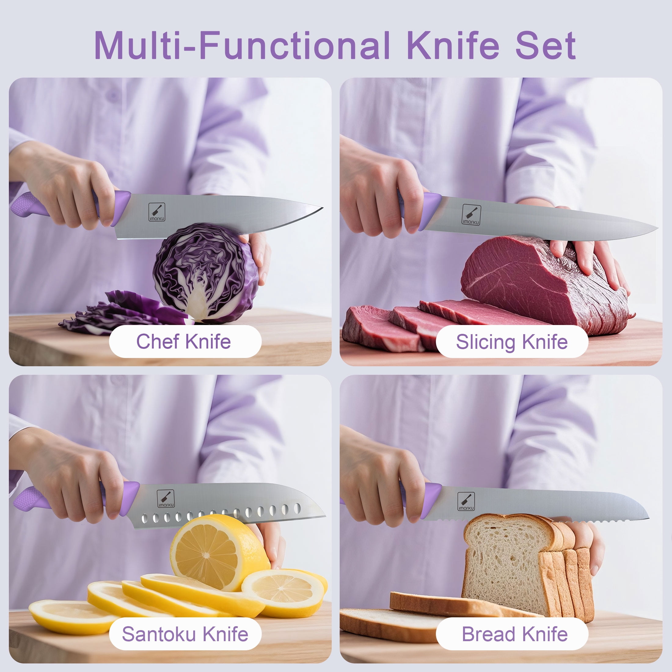 imarku 14-Piece Stainless Steel Kitchen Knife Block Set with Built-in Sharpener and Non-Slip Handles,Best Holiday Gifts,Purple,Fathers Day Gifts