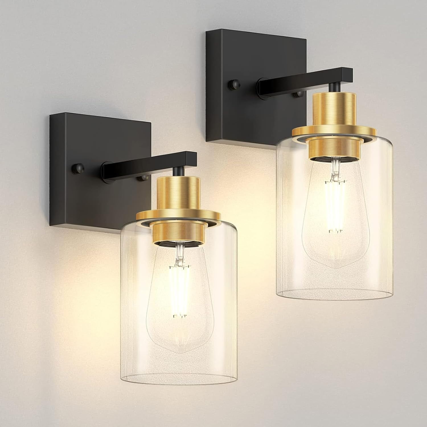 Black and Gold Wall Sconces Set of 2 with Clear Glass Shade, Matte Black Vanity Light Fixtures, Farmhouse Wall Lights for Bathroom, Bedside, Mirror, Living Room, Hallway